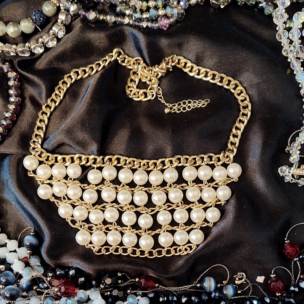 Faux Pearl Multi-Row Statement Gold Tone Cuban Link Chain Statement Necklace
